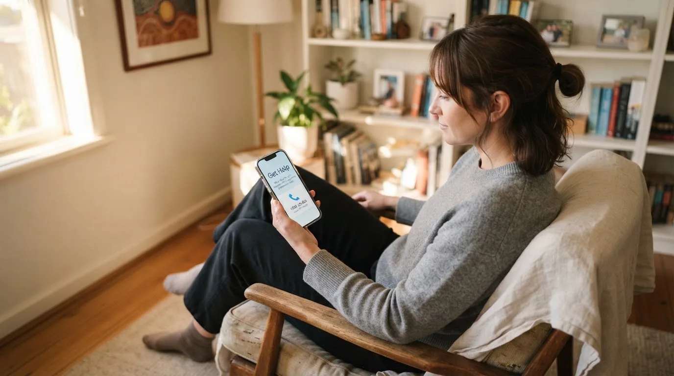 A person sitting calmly with a phone open to a support helpline page, no gaming screen visible.
