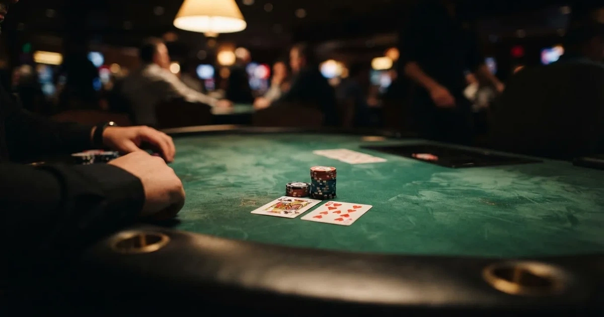 A close-up of a green felt gaming table with cards and chips mid-hand.