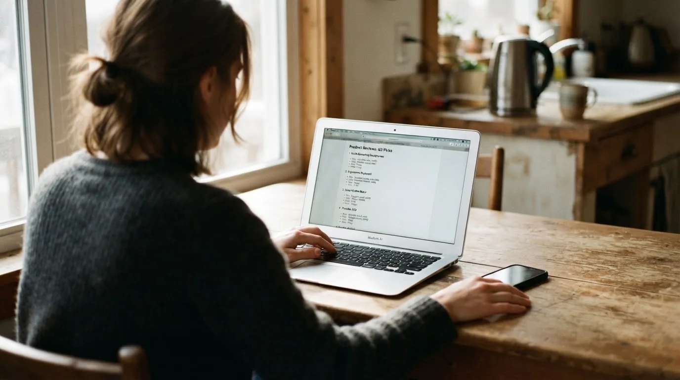 A person at a kitchen table scrolling through review pages on a laptop, phone face-down beside them.