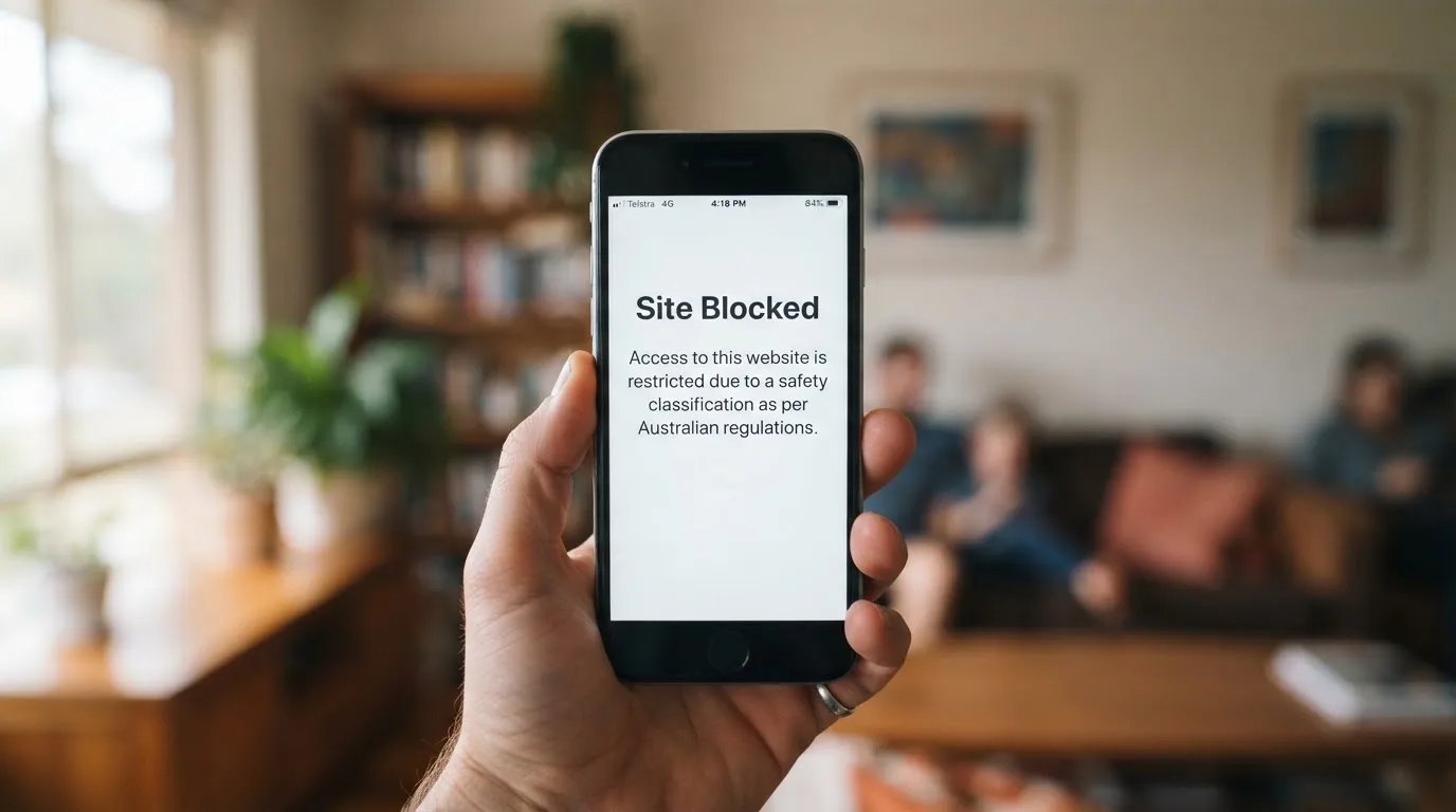 A smartphone screen showing a plain government warning notice about a blocked website, held against a blurred background.