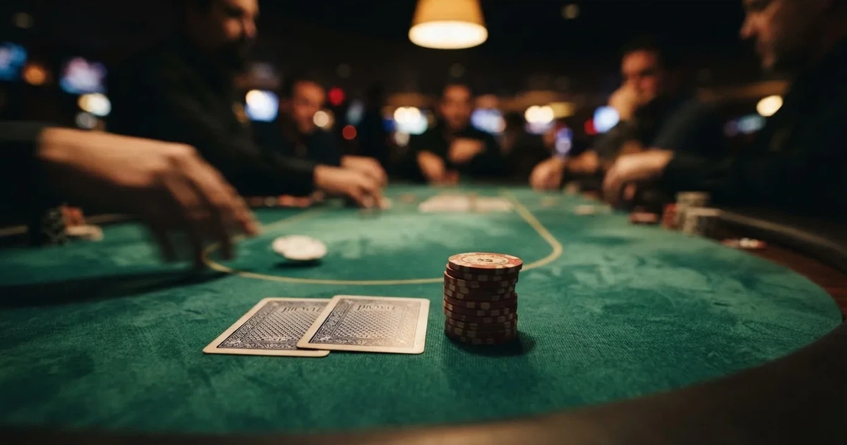 A close-up of a green felt gaming table with cards and chips mid-hand.