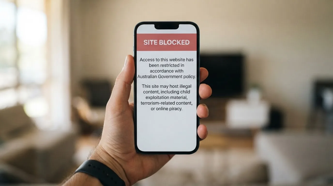 A smartphone screen showing a plain government warning notice about a blocked website, held against a blurred background.