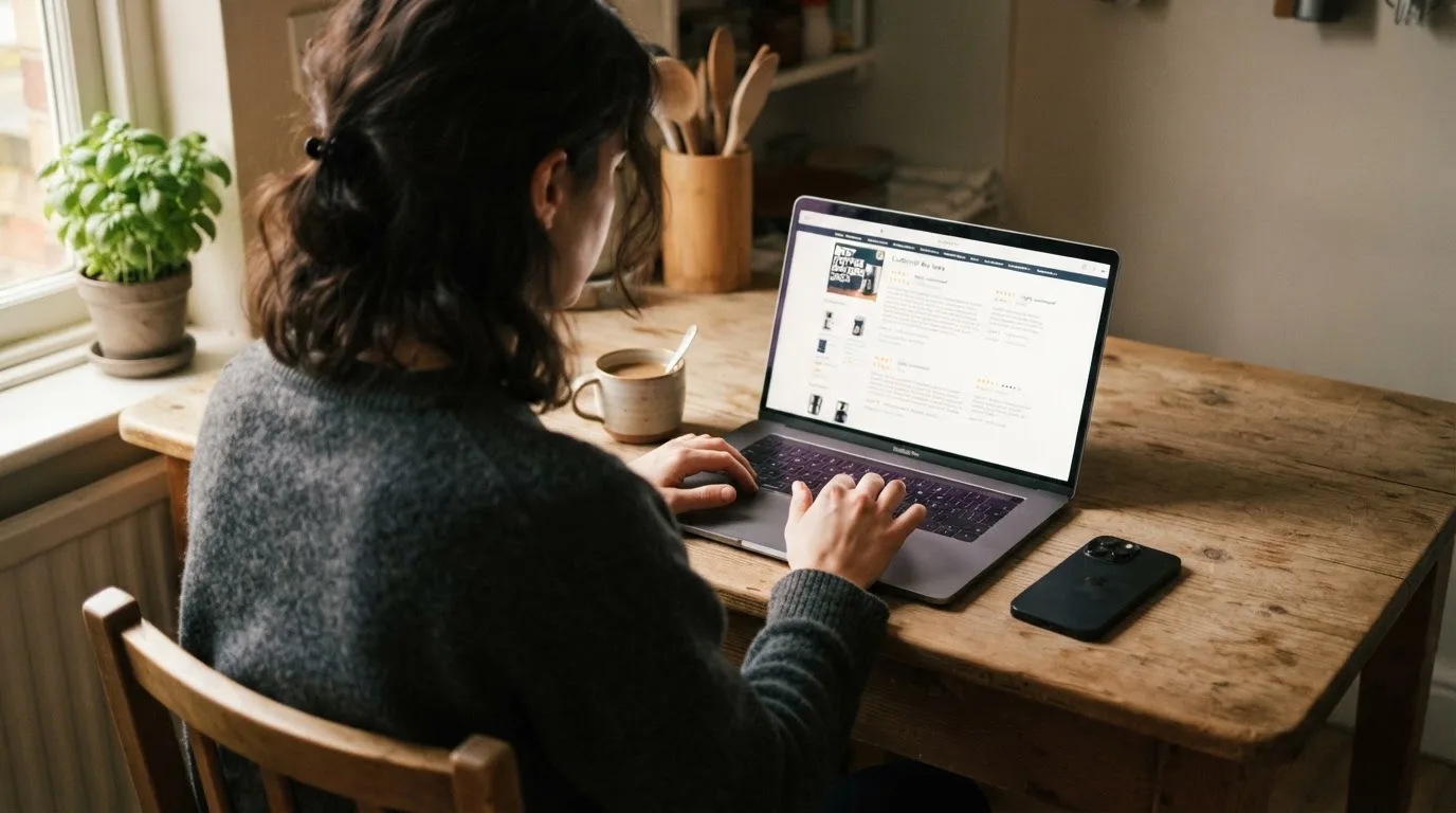 A person at a kitchen table scrolling through review pages on a laptop, phone face-down beside them.