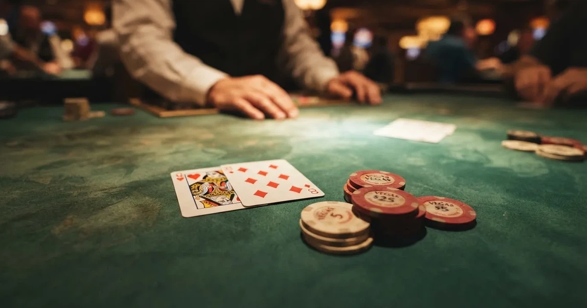 A close-up of a green felt gaming table with cards and chips mid-hand.