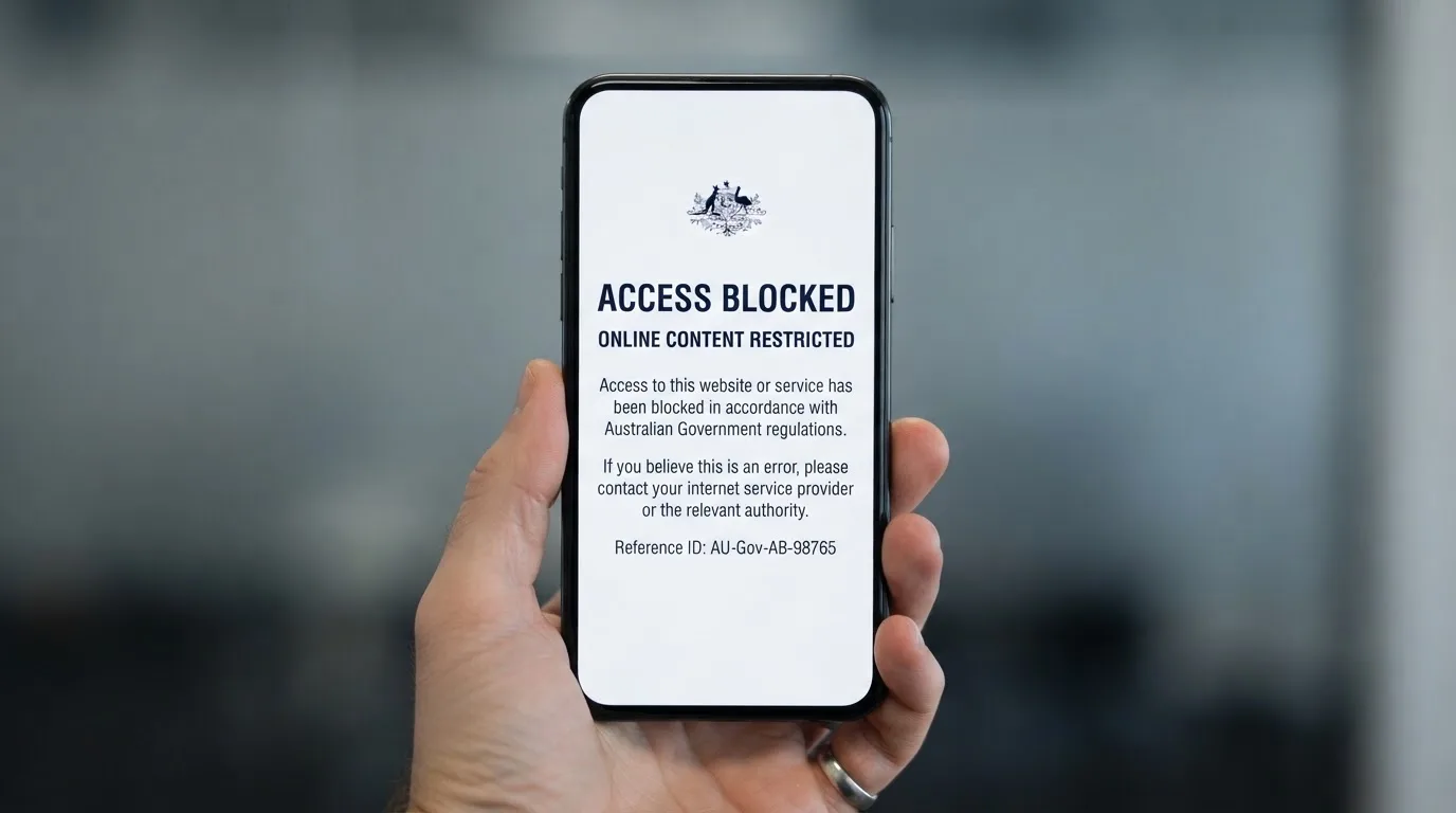 A smartphone screen showing a plain government warning notice about a blocked website, held against a blurred background.