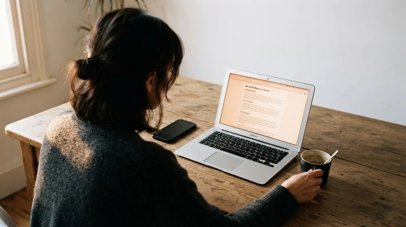 A person at a kitchen table scrolling through review pages on a laptop, phone face-down beside them.