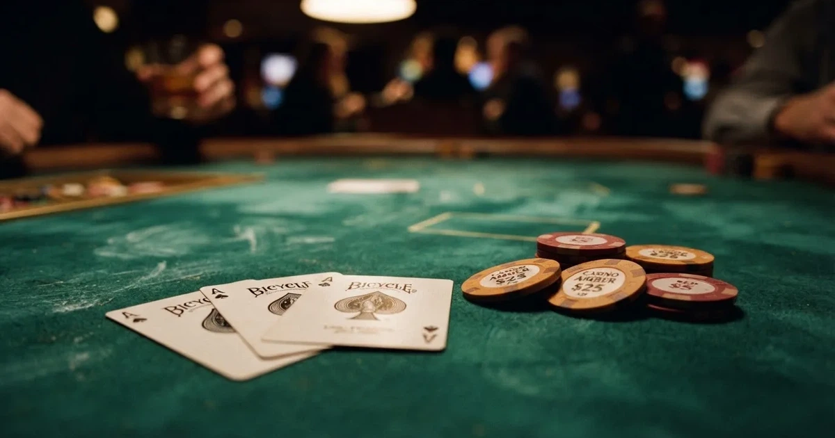 A close-up of a green felt gaming table with cards and chips mid-hand.