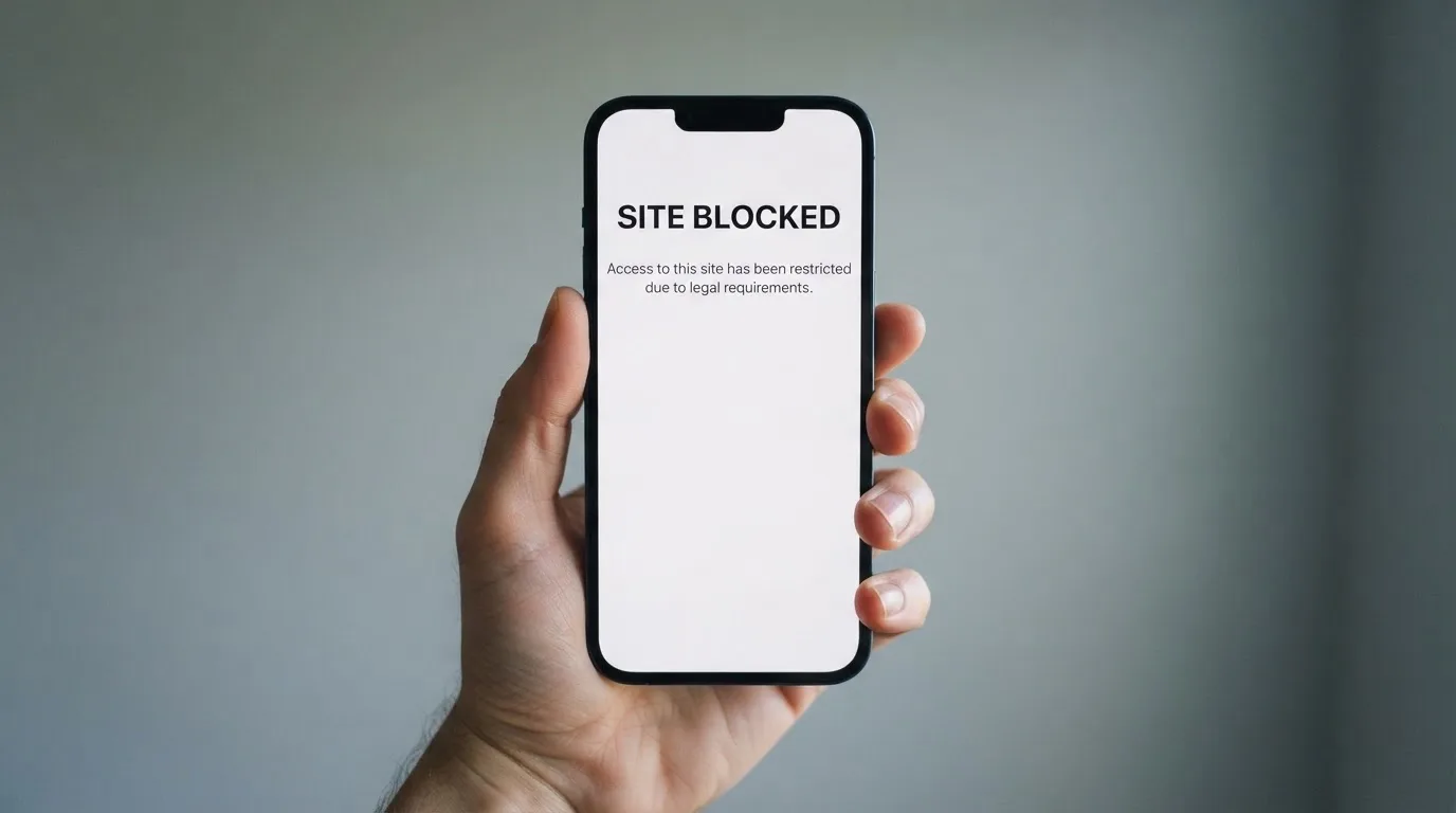 A smartphone screen showing a plain government warning notice about a blocked website, held against a blurred background.