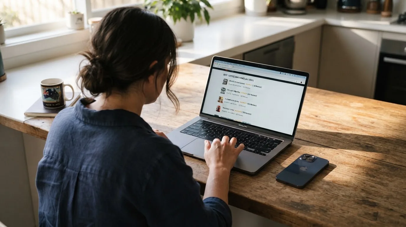 A person at a kitchen table scrolling through review pages on a laptop, phone face-down beside them.