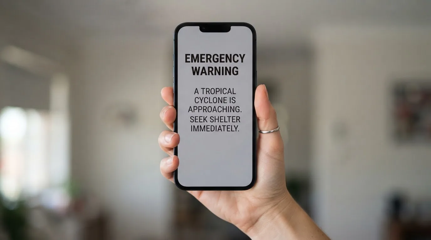 A smartphone screen showing a plain government warning notice about a blocked website, held against a blurred background.
