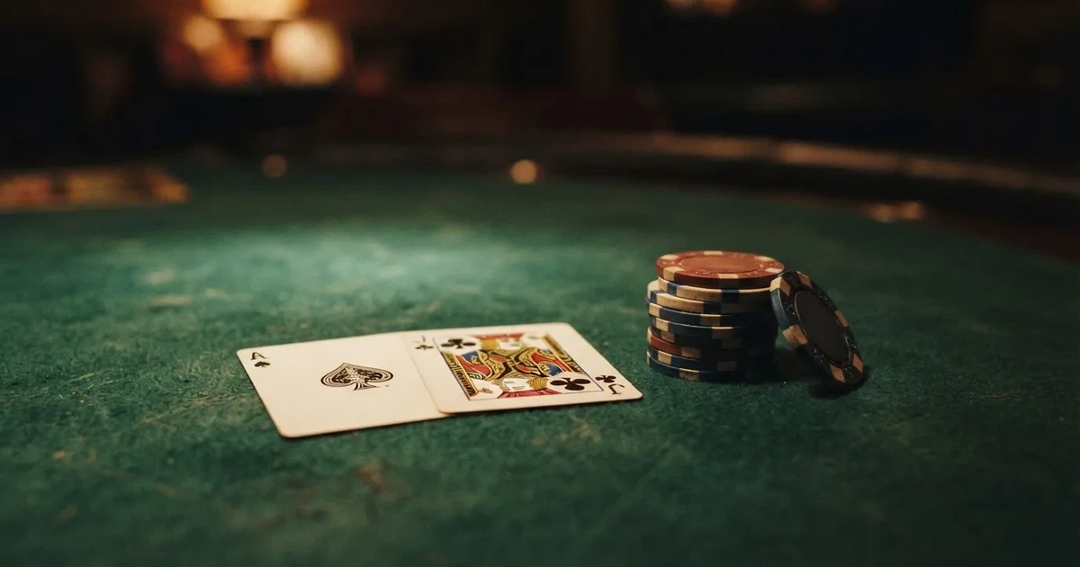 A close-up of a green felt gaming table with cards and chips mid-hand.