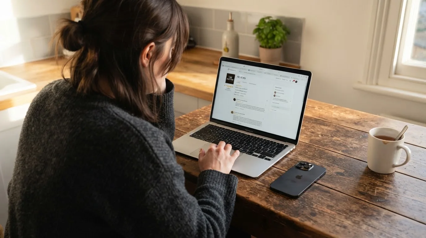 A person at a kitchen table scrolling through review pages on a laptop, phone face-down beside them.