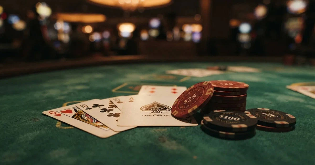 A close-up of a green felt gaming table with cards and chips mid-hand.