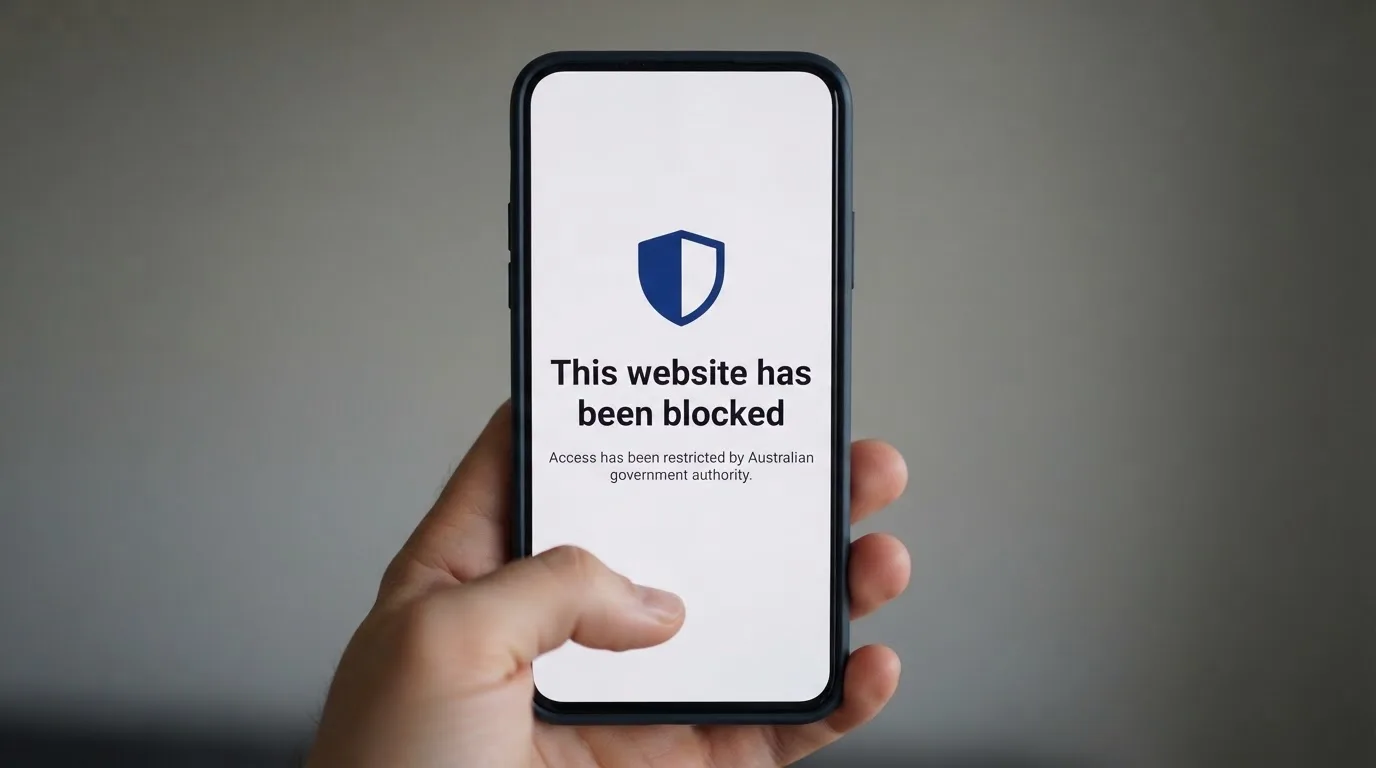 A smartphone screen showing a plain government warning notice about a blocked website, held against a blurred background.