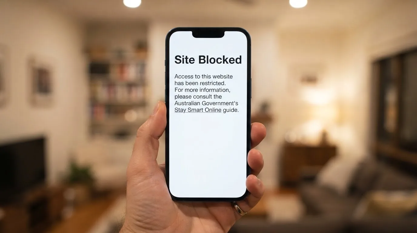 A smartphone screen showing a plain government warning notice about a blocked website, held against a blurred background.
