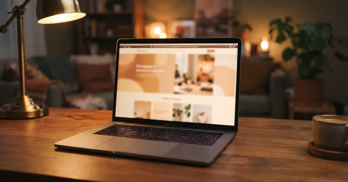 A laptop screen showing a freshly loaded website homepage, its content blurred out.
