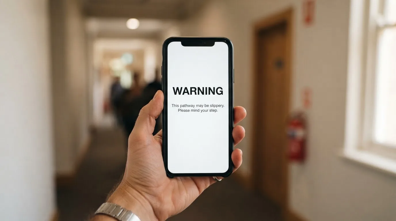 A smartphone screen showing a plain government warning notice about a blocked website, held against a blurred background.