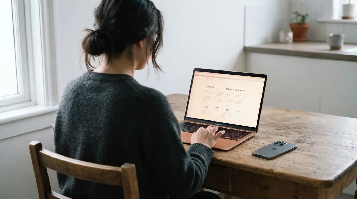 A person at a kitchen table scrolling through review pages on a laptop, phone face-down beside them.