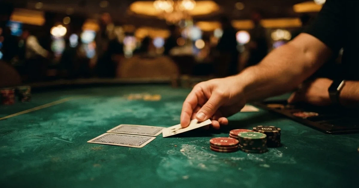 A close-up of a green felt gaming table with cards and chips mid-hand.