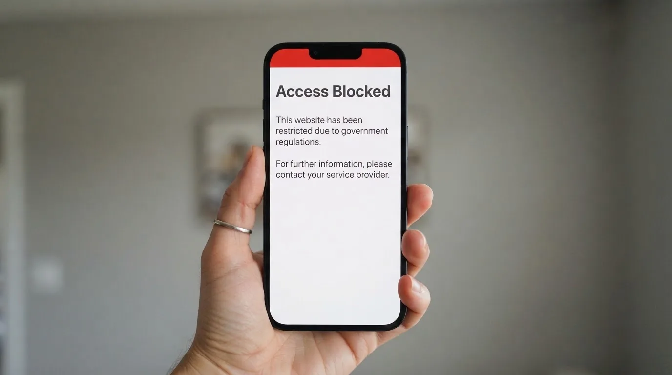A smartphone screen showing a plain government warning notice about a blocked website, held against a blurred background.
