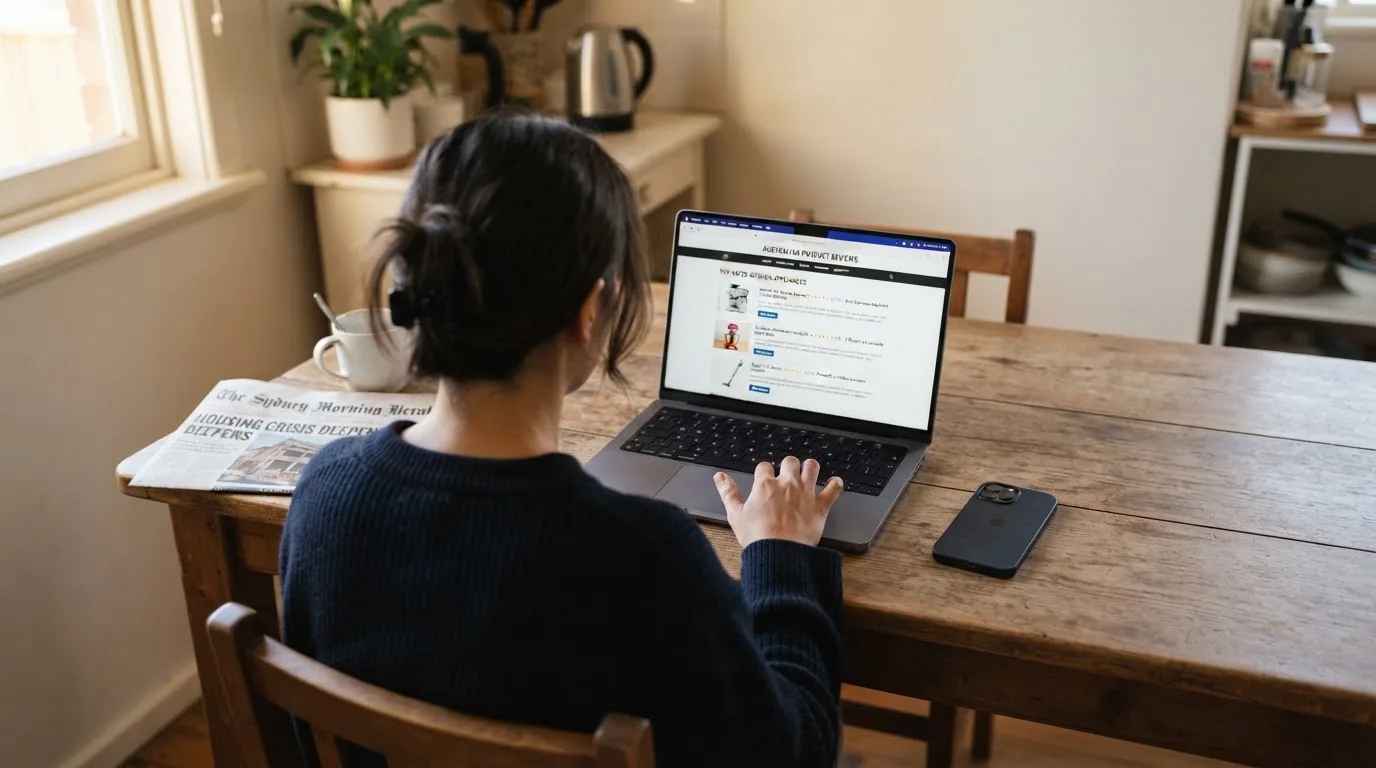 A person at a kitchen table scrolling through review pages on a laptop, phone face-down beside them.