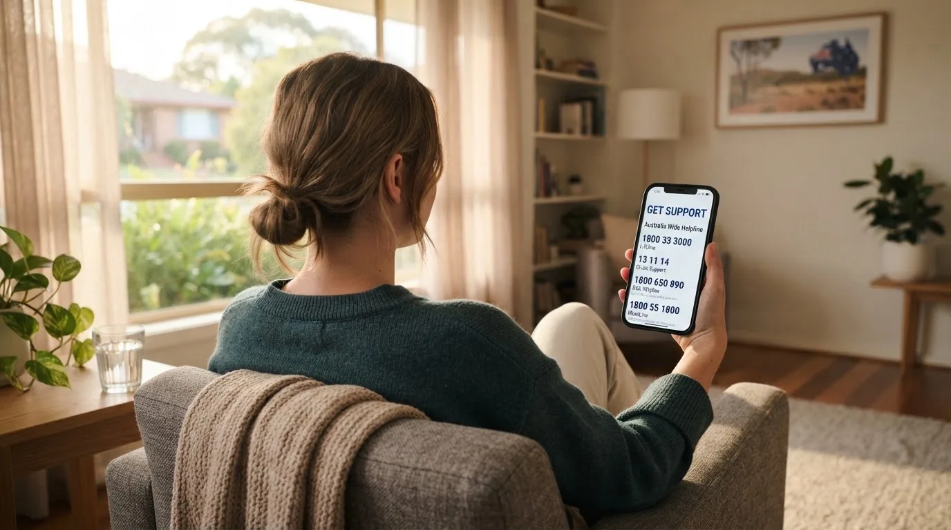 A person sitting calmly with a phone open to a support helpline page, no gaming screen visible.