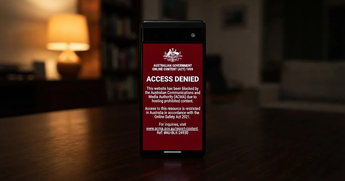 A smartphone screen showing a plain government warning notice about a blocked website, held against a blurred background.