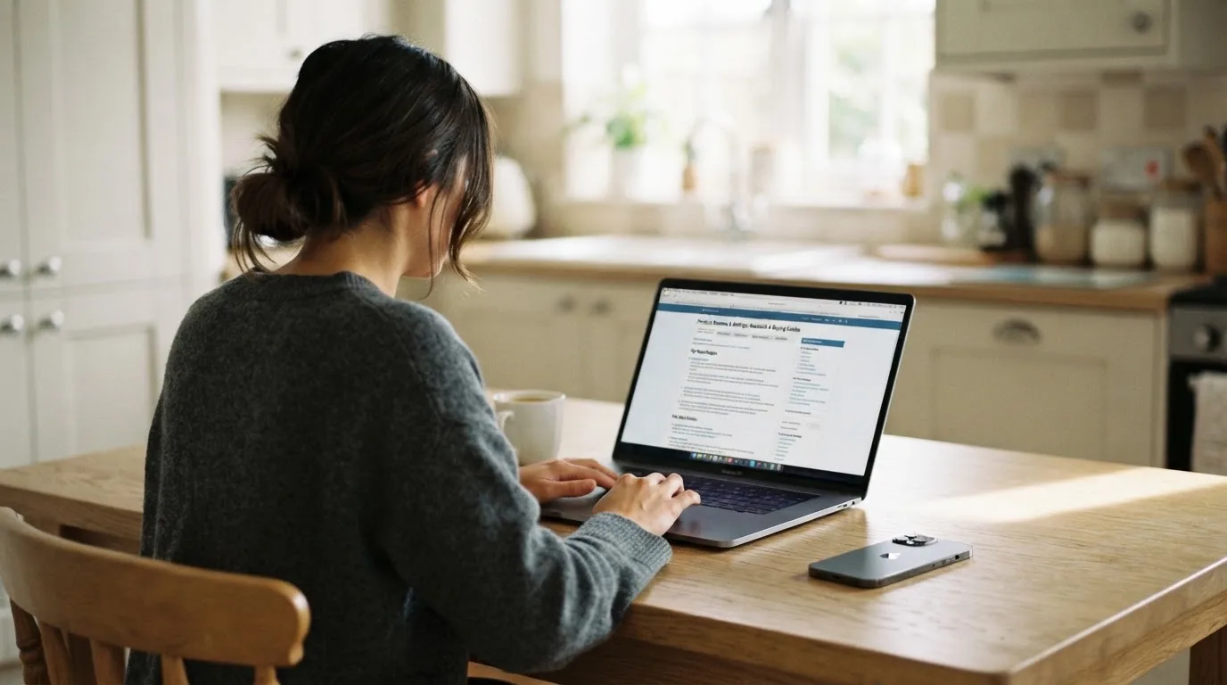 A person at a kitchen table scrolling through review pages on a laptop, phone face-down beside them.