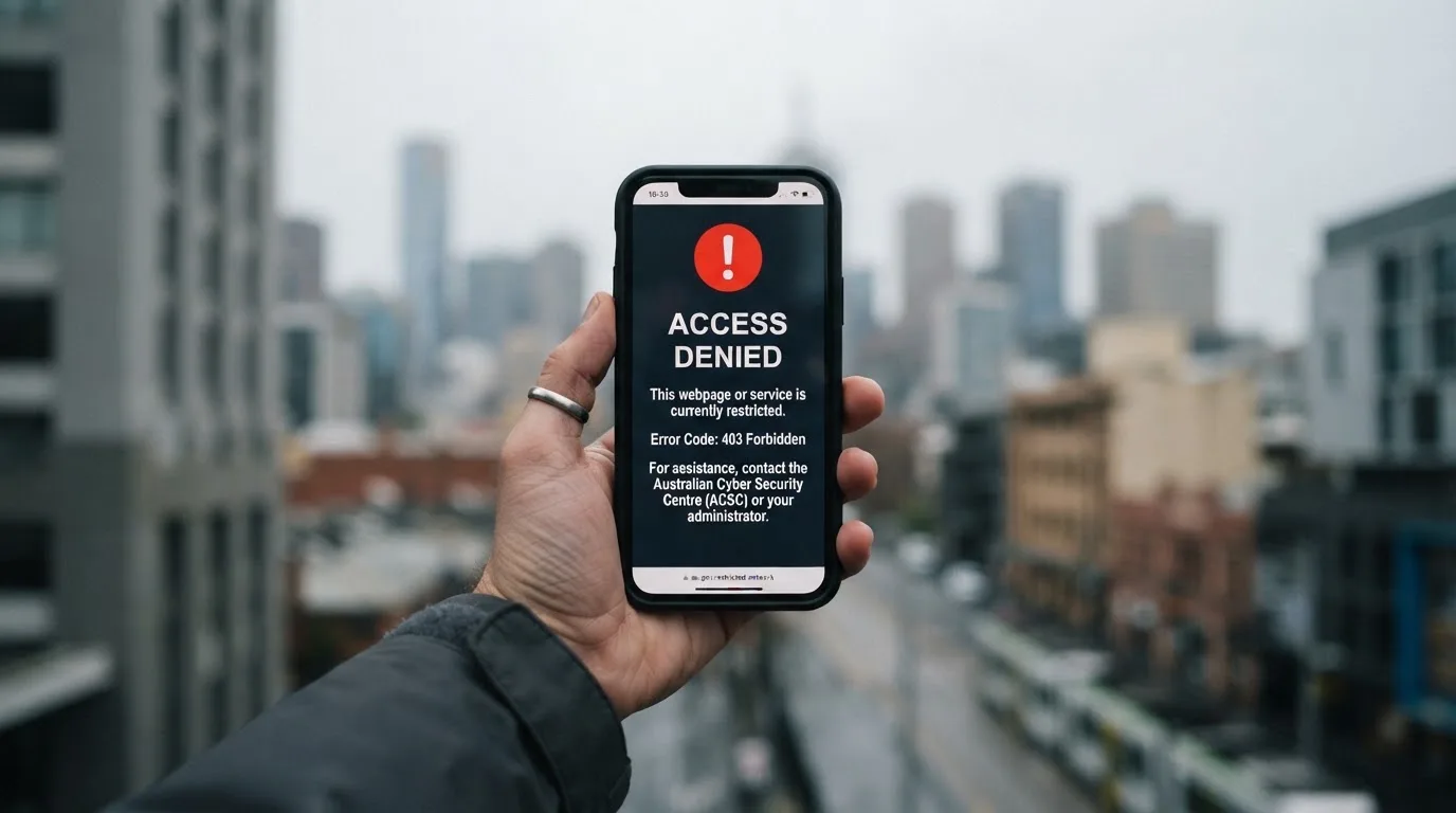 A smartphone screen showing a plain government warning notice about a blocked website, held against a blurred background.