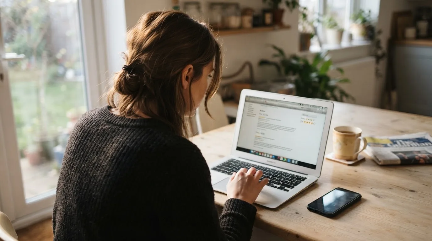 A person at a kitchen table scrolling through review pages on a laptop, phone face-down beside them.
