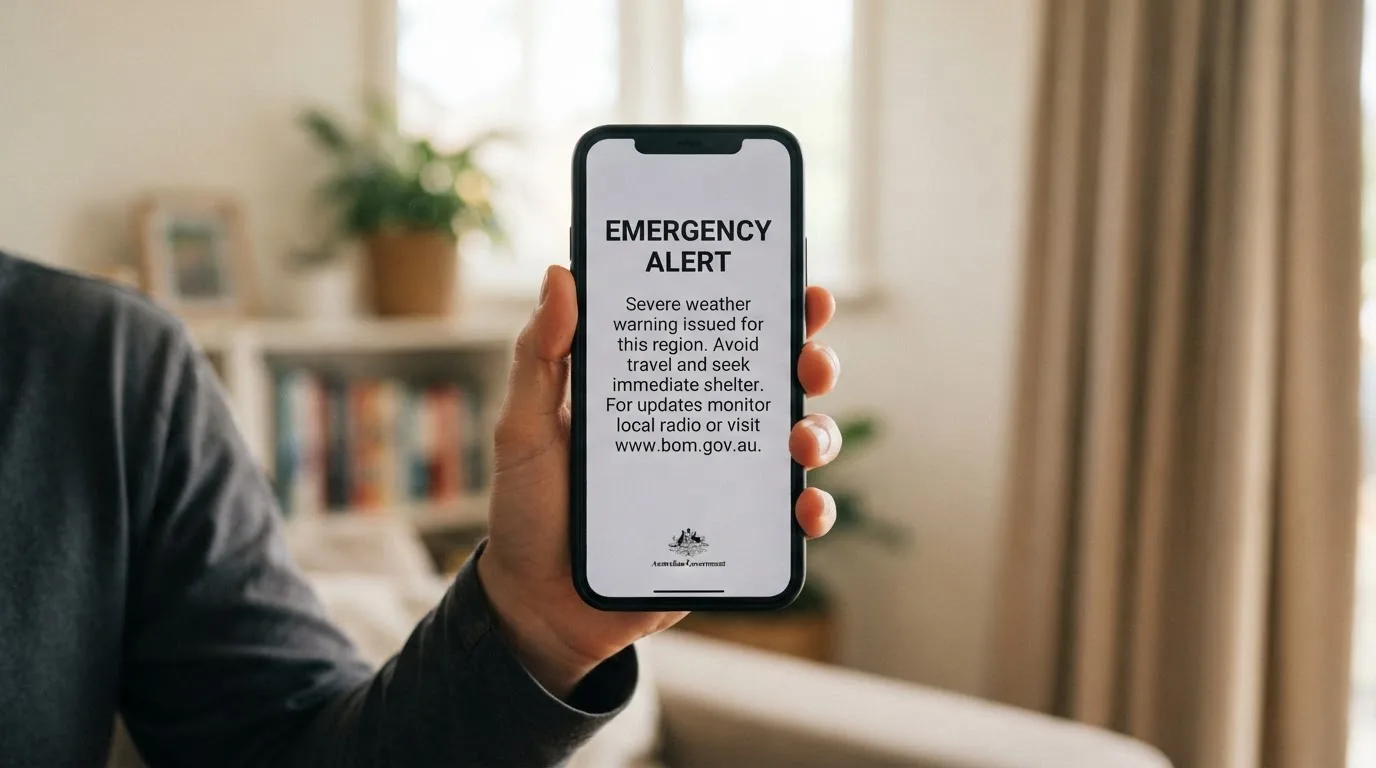 A smartphone screen showing a plain government warning notice about a blocked website, held against a blurred background.