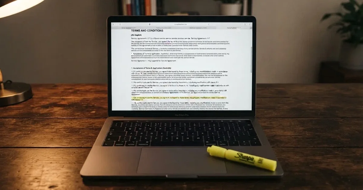 A laptop screen showing a page of terms and conditions text with a highlighter resting nearby.