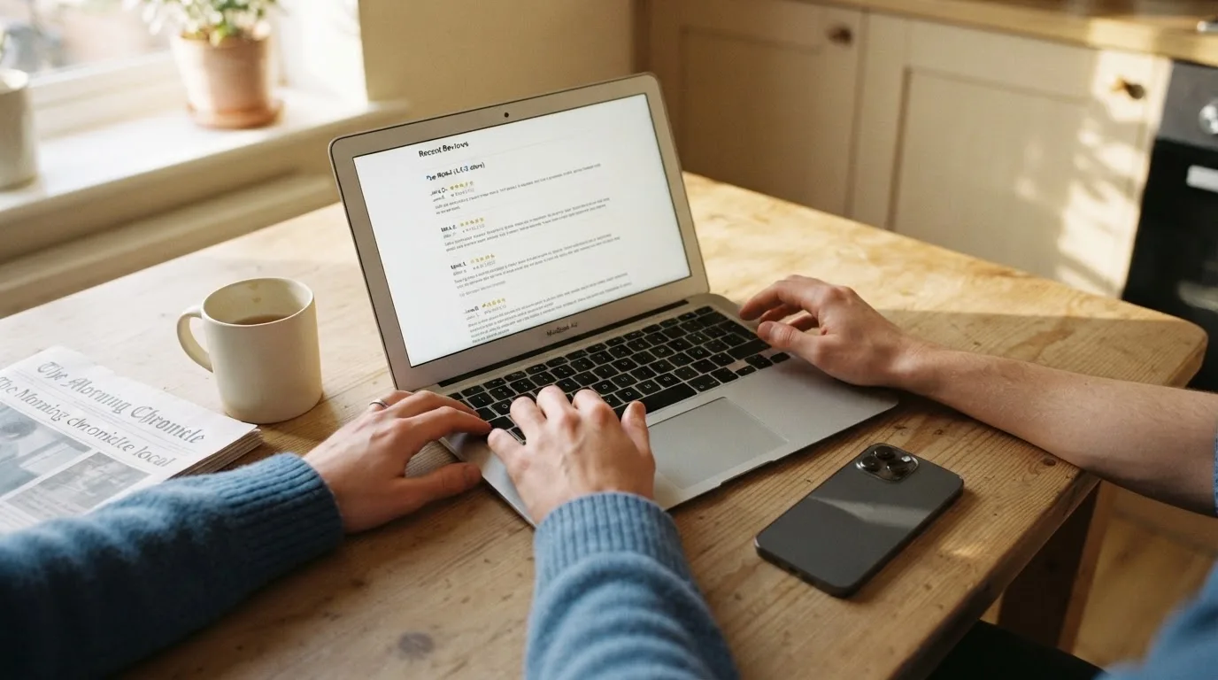 A person at a kitchen table scrolling through review pages on a laptop, phone face-down beside them.