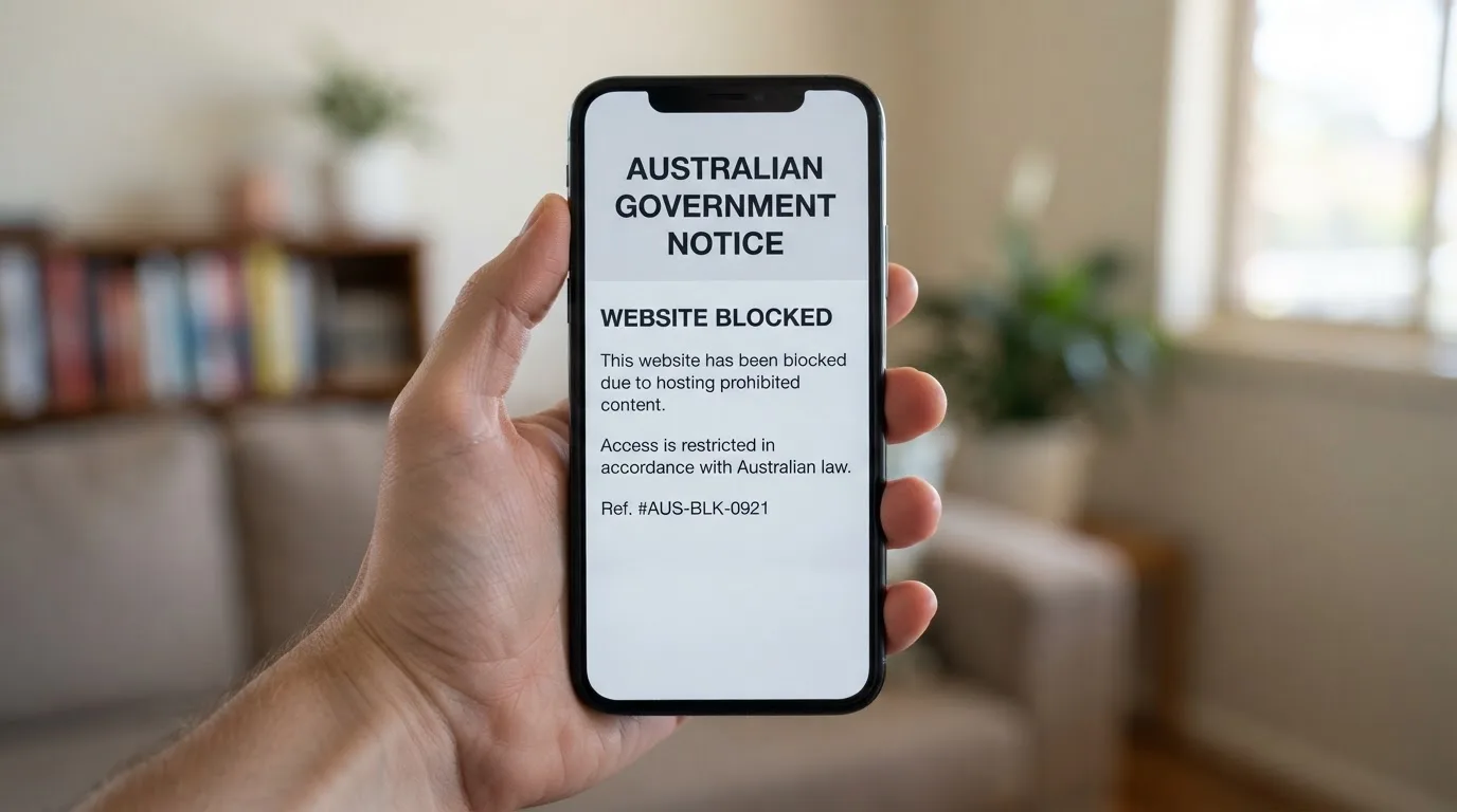 A smartphone screen showing a plain government warning notice about a blocked website, held against a blurred background.