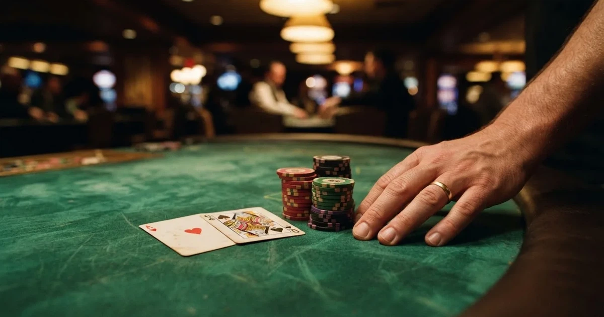 A close-up of a green felt gaming table with cards and chips mid-hand.