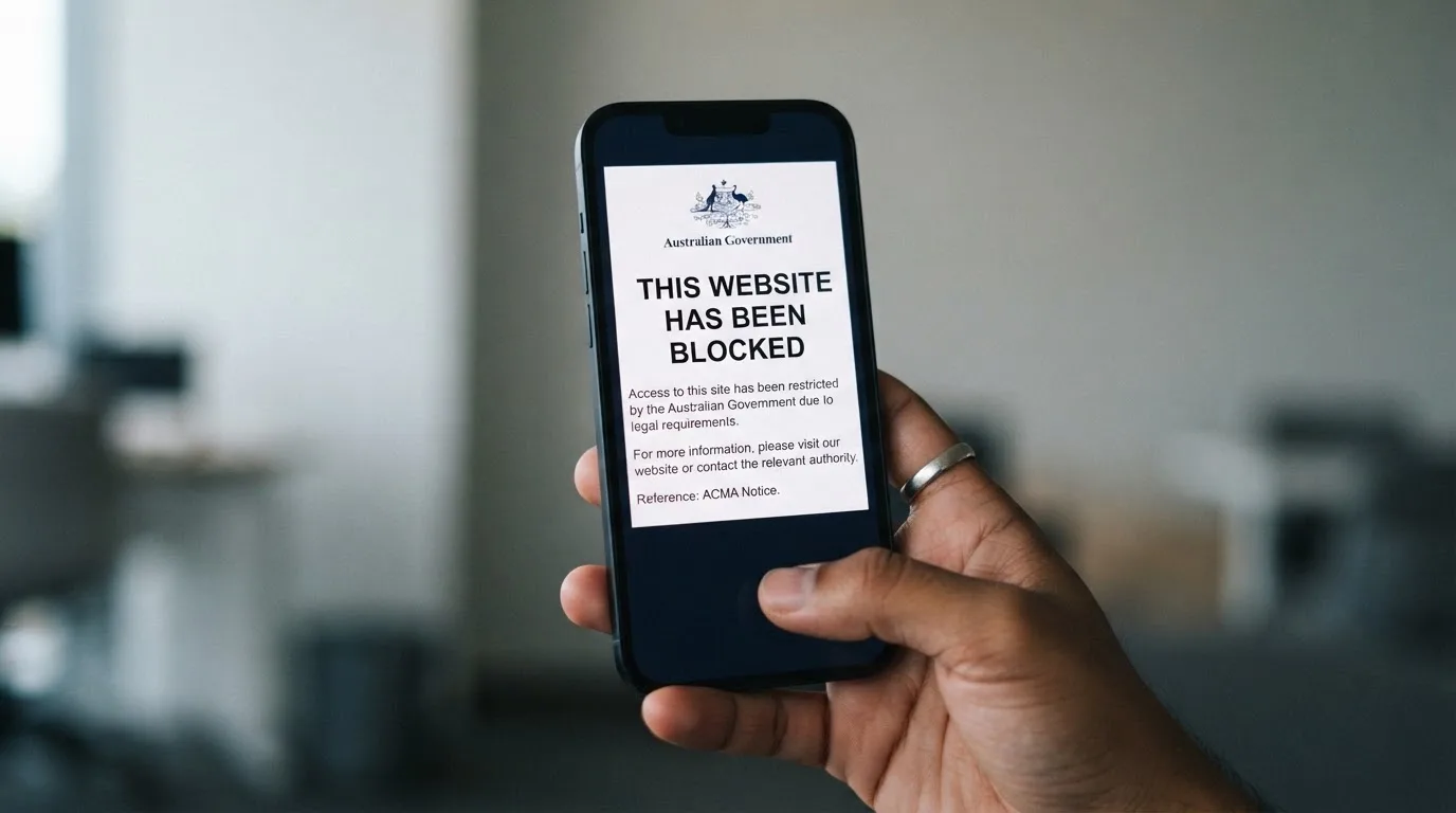 A smartphone screen showing a plain government warning notice about a blocked website, held against a blurred background.