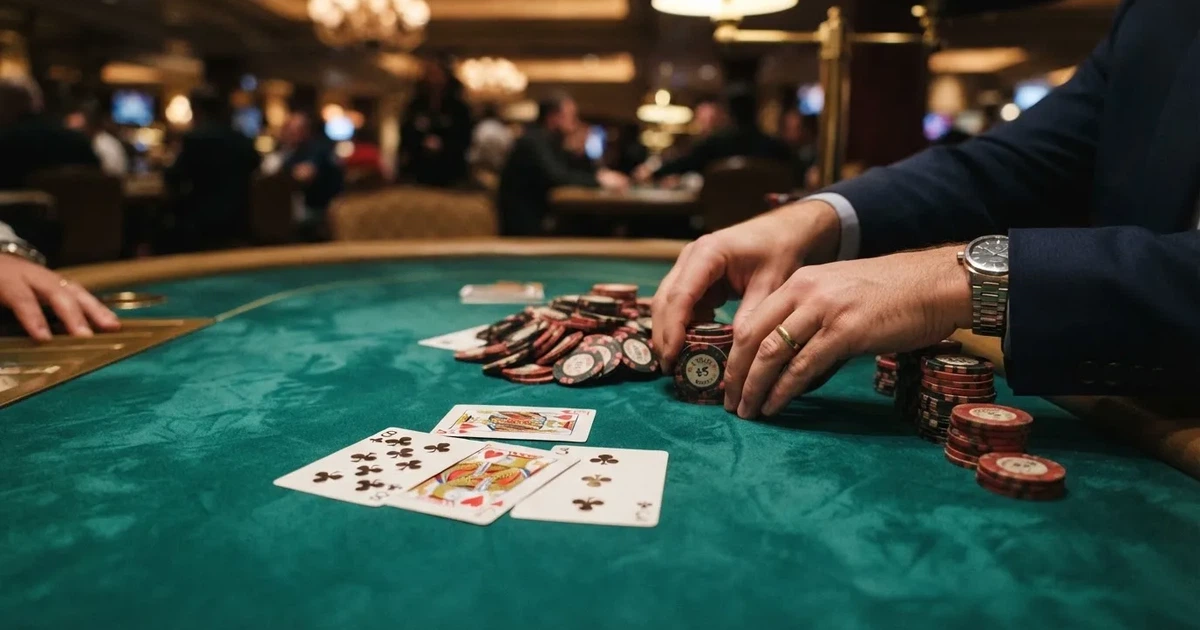 A close-up of a green felt gaming table with cards and chips mid-hand.