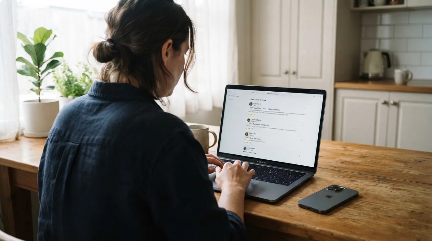 A person at a kitchen table scrolling through review pages on a laptop, phone face-down beside them.