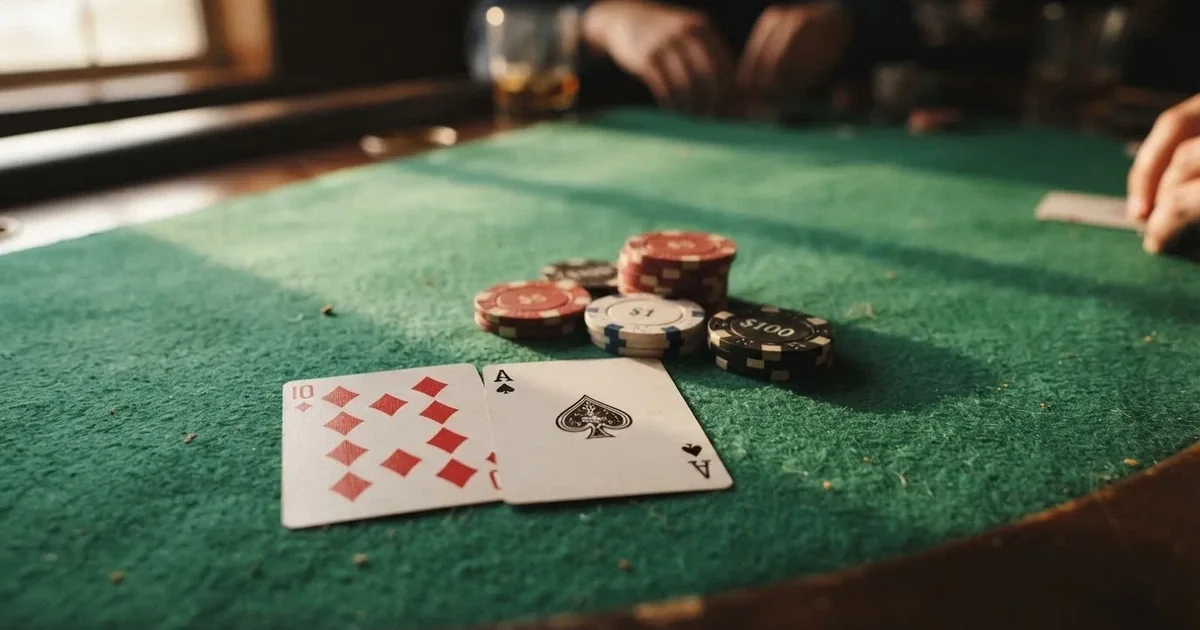 A close-up of a green felt gaming table with cards and chips mid-hand.