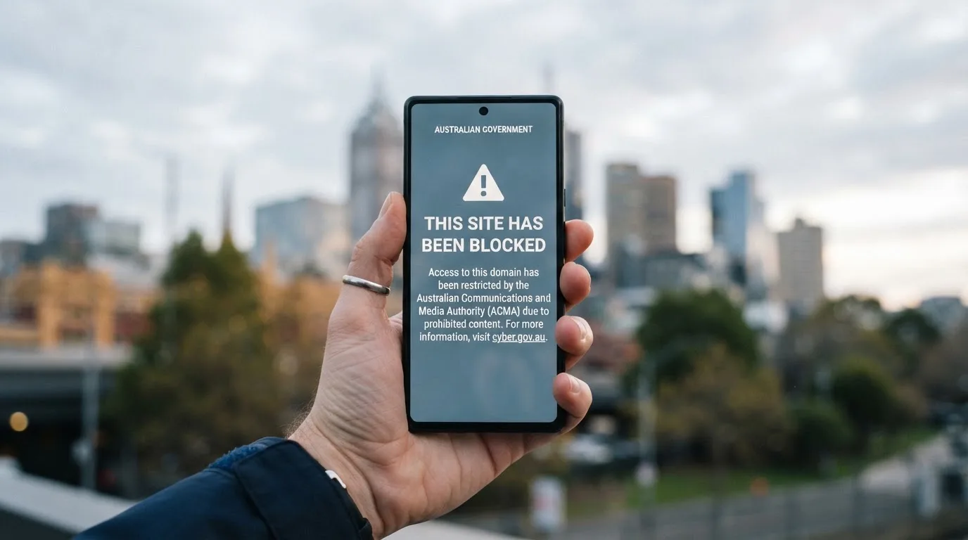 A smartphone screen showing a plain government warning notice about a blocked website, held against a blurred background.