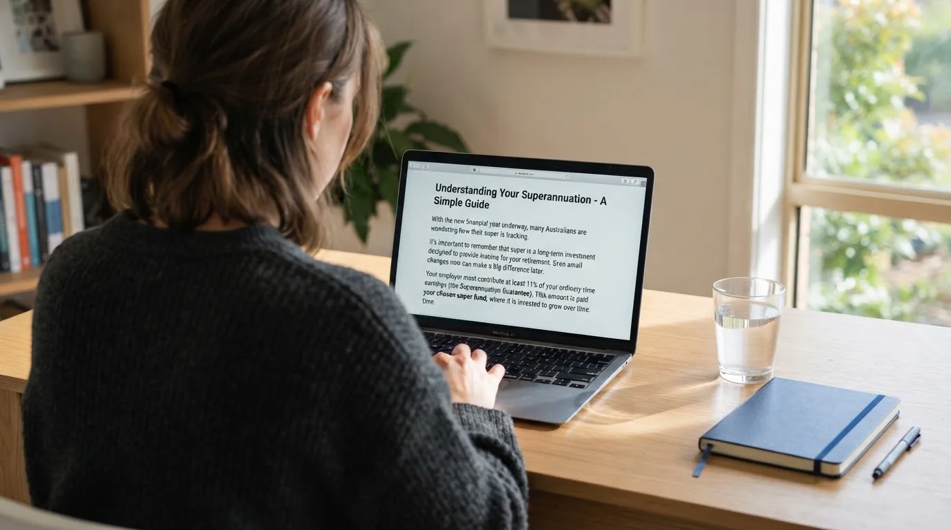 A person at a laptop reading a plain-language explainer article at a home desk.