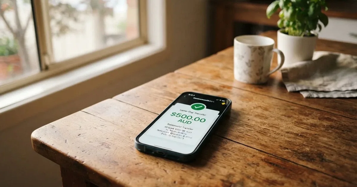 A close-up of a banking app on a smartphone showing a same-day transfer confirmation on a kitchen table.