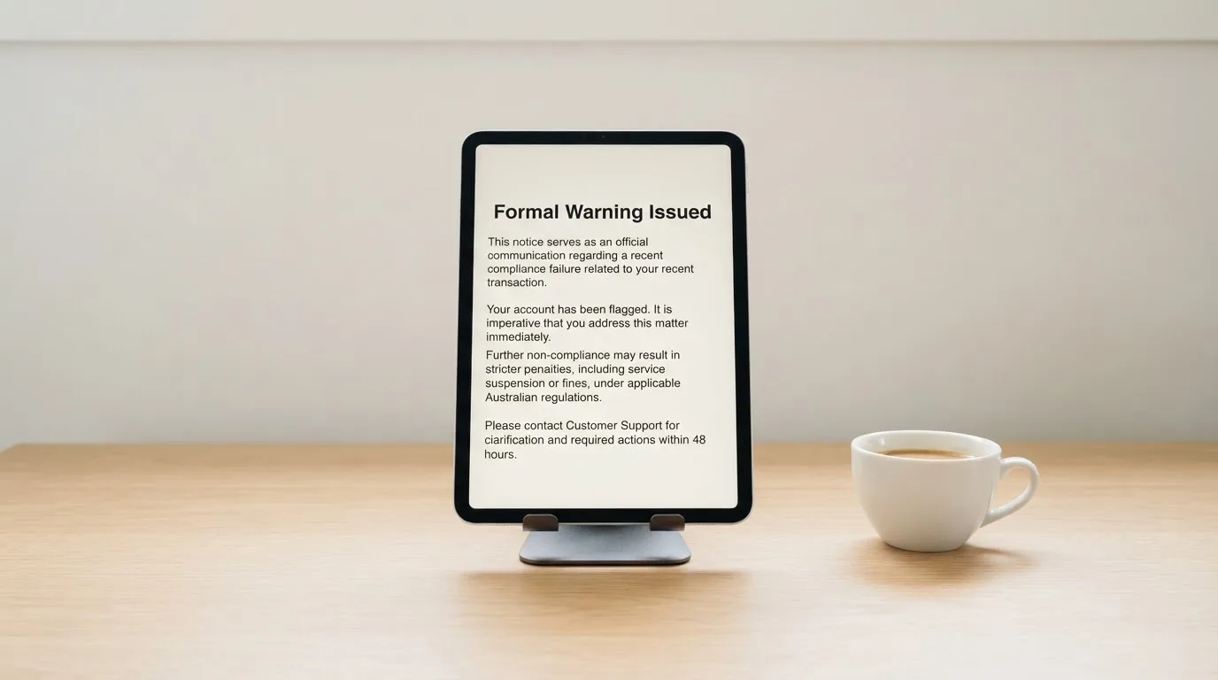 A tablet screen displaying an official regulator warning notice on a desk beside a coffee cup.