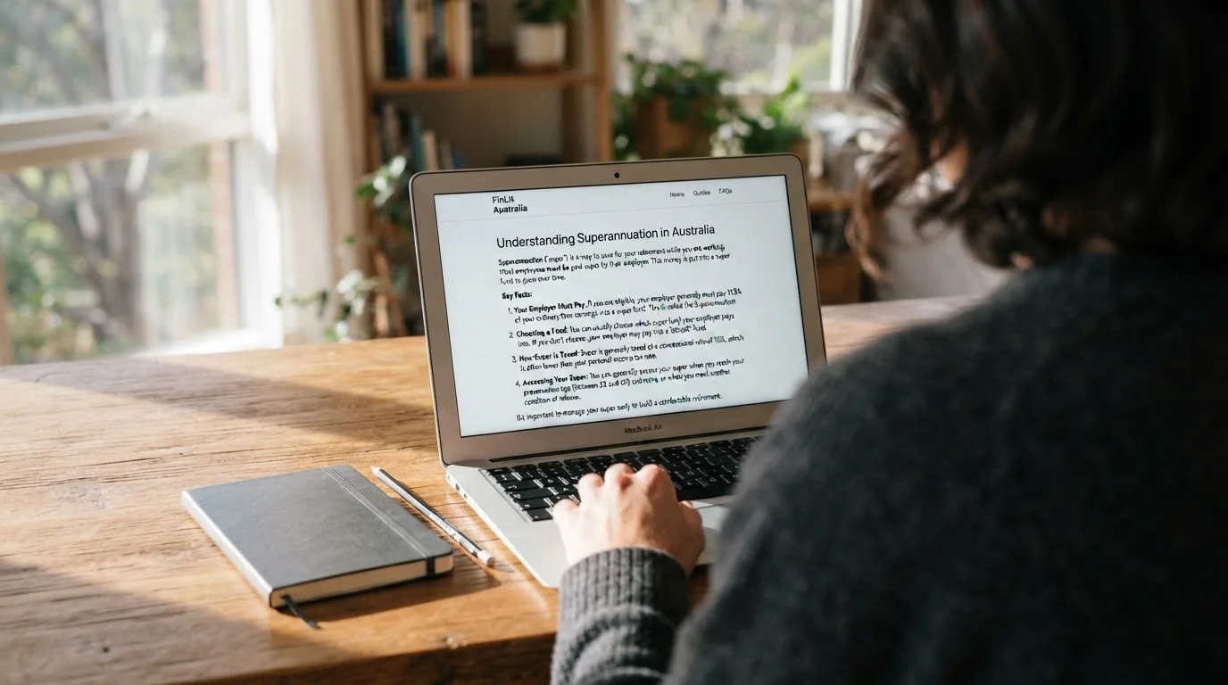 A person at a laptop reading a plain-language explainer article at a home desk.