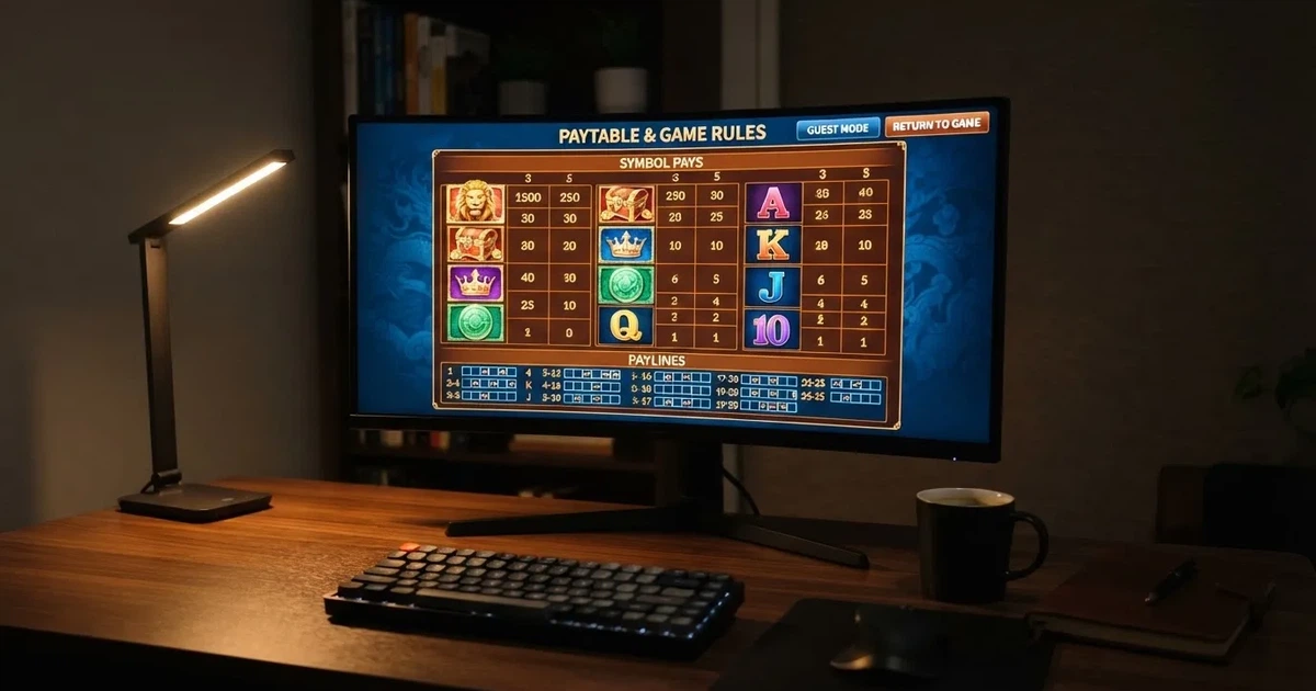 A slot machine's paytable screen glowing on a monitor in a dim room.