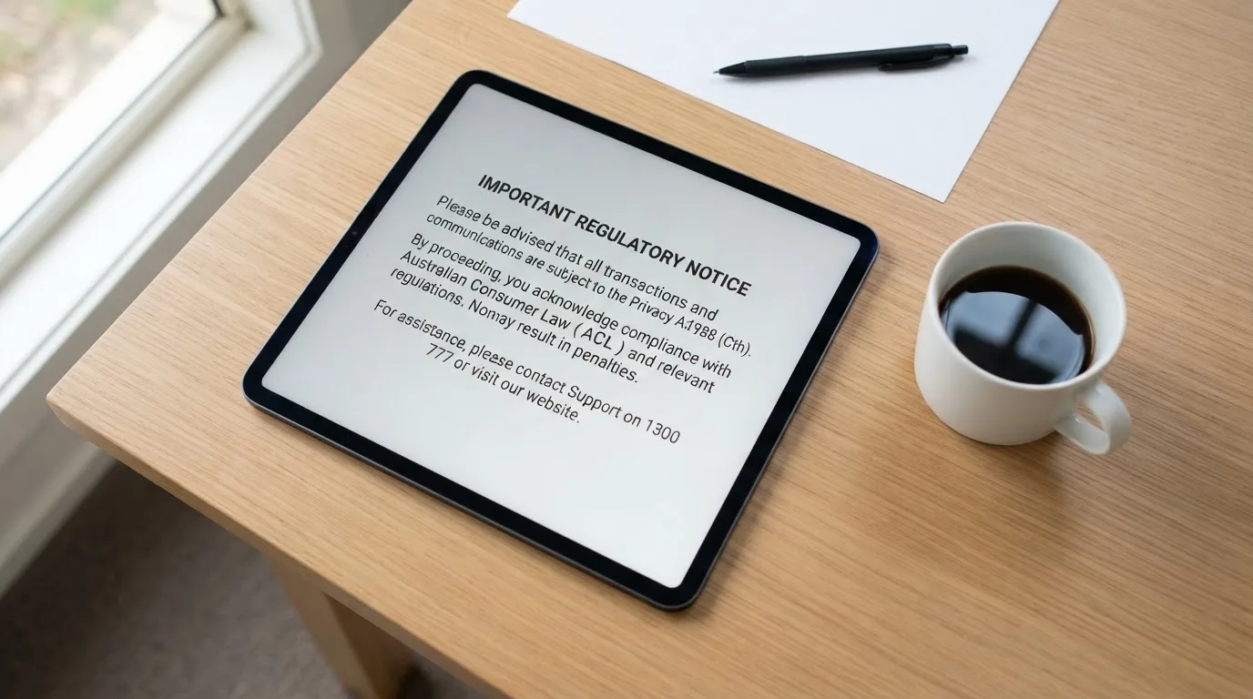 A tablet screen displaying an official regulator warning notice on a desk beside a coffee cup.