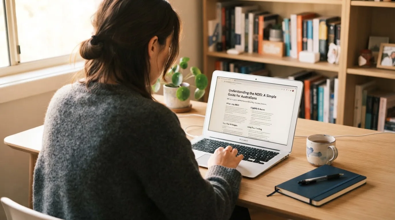 A person at a laptop reading a plain-language explainer article at a home desk.