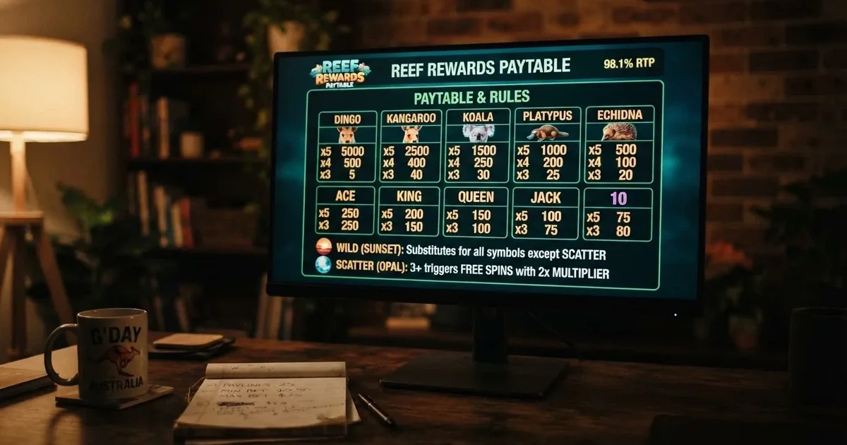 A slot machine's paytable screen glowing on a monitor in a dim room.
