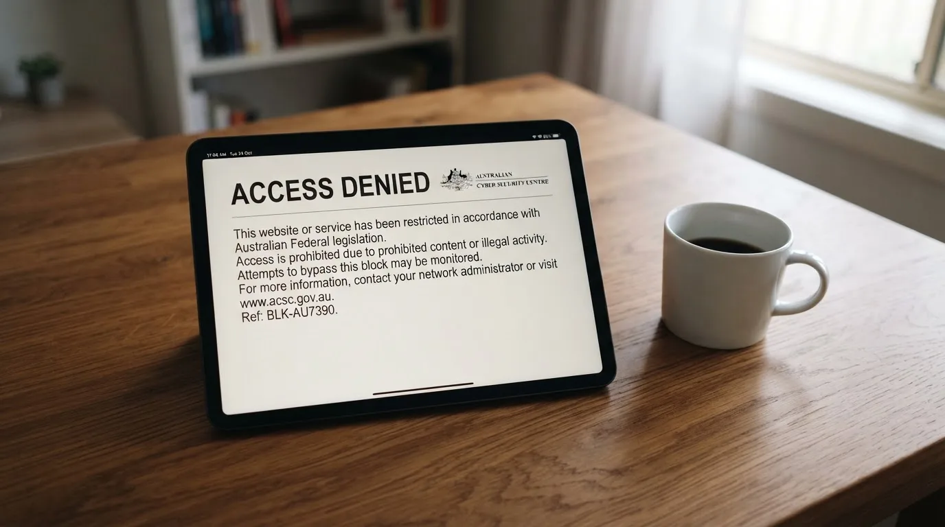 A tablet screen displaying an official regulator warning notice on a desk beside a coffee cup.