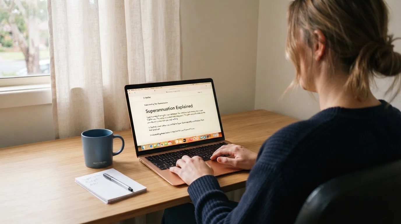 A person at a laptop reading a plain-language explainer article at a home desk.